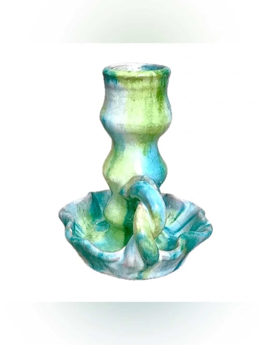 Vintage Williamsburg Pottery Blue Green Twist Chamberstick Taper Candle Holder